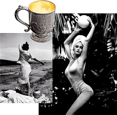 (Counterclockwise from left) His mother’s sterling silver chalice, which she used for tea; shot by his mother for Harper’s Bazaar in 1953; an ad campaign for the clothing company Khaki & White shows his mother’s influence