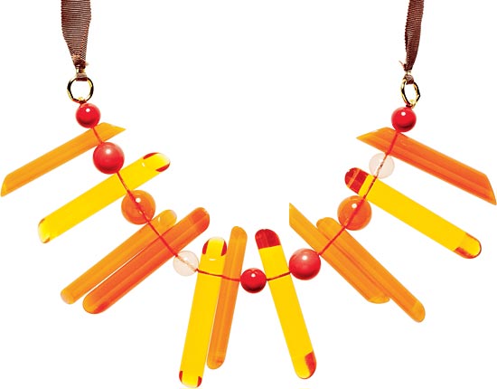 WENDY MINK JEWELRY orange resin bib necklace ($120), at Art Effect, 934 West Armitage Avenue.