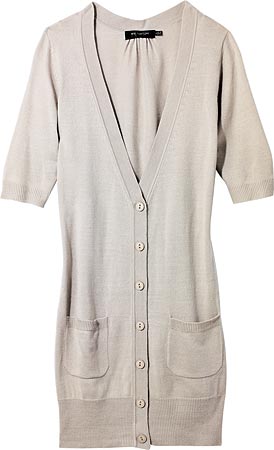 MISS ME nude acrylic short-sleeved long cardigan ($65), at SoKo Fashion, 1925 West Chicago Avenue.