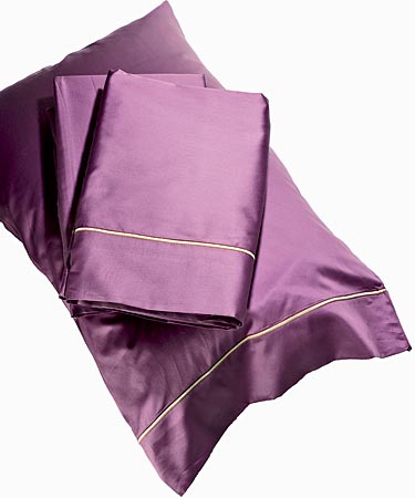 Aziza 300-thread-count Italian cotton sateen sheet set, purple with taupe sateen-stitch trim