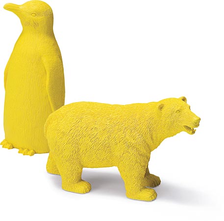 Molla Space’s Modern in Wilderness endangered species in lacquered Polystone: ten-inch penguin and six-inch bear