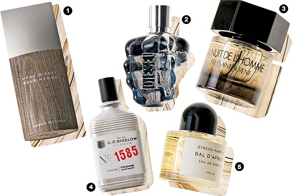 L'Eau D'Issey Pour Homme by Issey Miyake, Diesel Only The Brave, La Nuit De L'Homme By Yves Saint Laurent, Elixir White by C. O. Bigelow, and Bal D'Afrique by Byredo Parfums