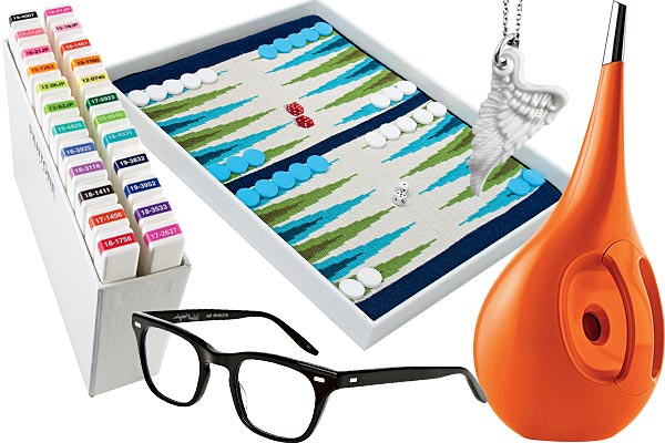 Albert Maysles reading glasses, Nymphenburg Porcelain Wing silver necklace, Palm Beach Chic backgammon set, Pantone Universe Twin Markers, and Kiwi watering can
