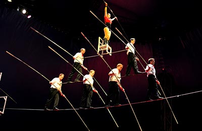 The Flying Wallendas performing a seven person high-wire pyramid