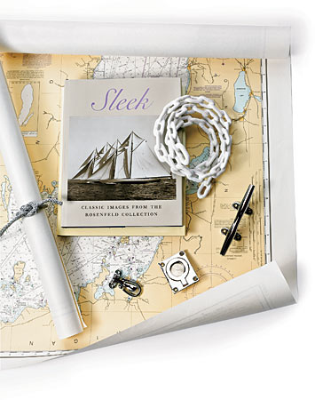Running rigging, book, anchor chain, hardware, and navigational chart
