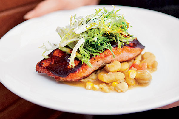 Roasted adobo salmon on summer succotash with frisee and asparagus
