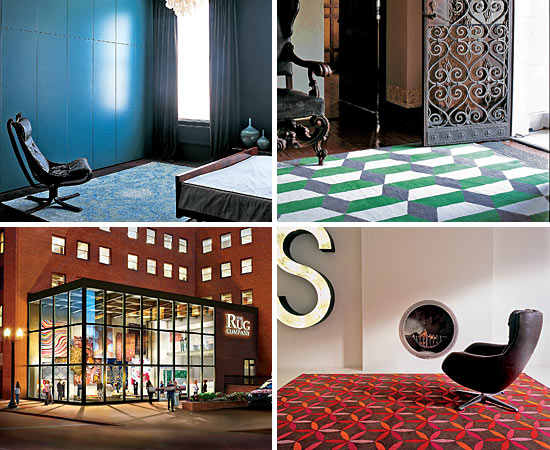 Creative carpetry (clockwise from top left): Faded Glory, by Paul Smith; Chiesa Green, by Suzanne Sharp; Starflower Pink, by Edward Barber and Jay Osgerby; an artist’s rendering of The Rug Company