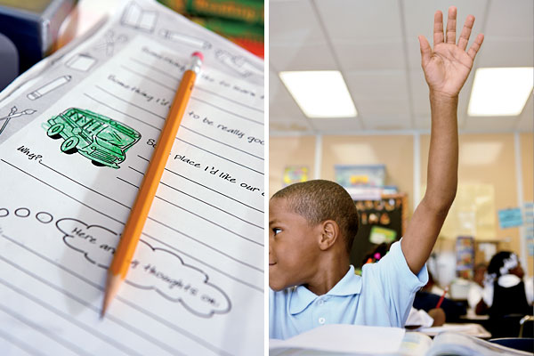 A student raising his hand at Leland Elementary School