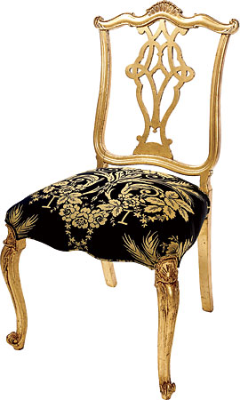 Victorian-era side chair, newly hand-gilded and upholstered in blue and gold silk tapestry