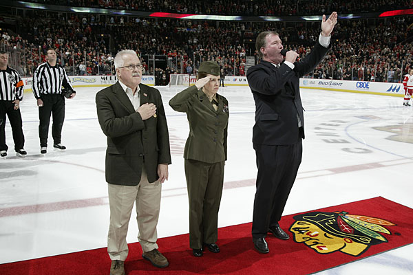 Jim Cornelison singing the national anthem at a Chicago Blackhawks game