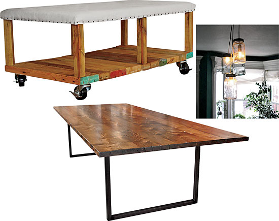 A cotton-upholstered ottoman on a reclaimed pine frame with casters, Mason jar pendants, and an oil-stained reclaimed-pine dining table with raw steel legs