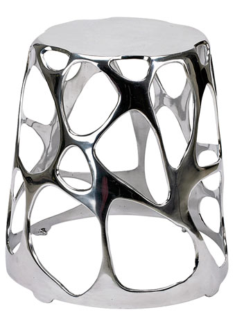 Umbra Vela polished aluminum side table/stool from the U+ collection by Alan Wisniewski, 18 inches tall, $294, at umbra.com. 