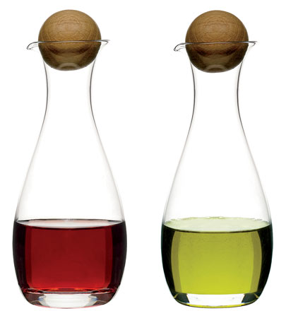Sagaform handblown glass oil and vinegar bottles with oak stoppers