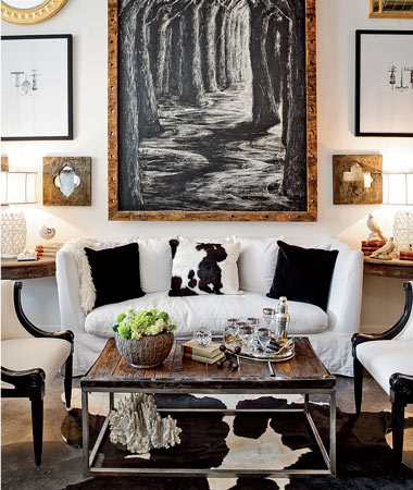 The classic remix is at play in this seating arrangement, featuring a de rigueur large coffee table.  5