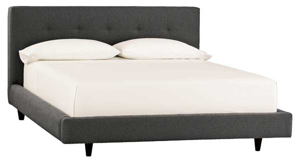 Tate upholstered platform bed in Charcoal, $1,399 to $1,599, at Crate & Barrel.