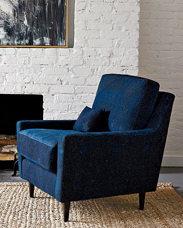 Everett armchair upholstered with quilts made from overdyed indigo kantha fabric