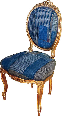 Hand-carved gilded Italian chair, circa 1890, restored and upholstered with vintage Japanese boro
