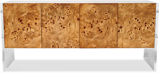 Bond 64-inch-wide console table of pieced mappa burl, Lucite, and stainless steel