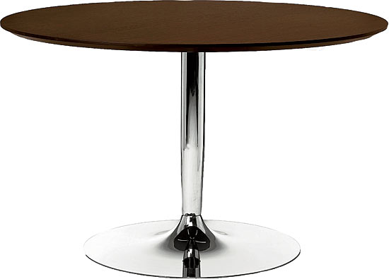 Planet wood-topped pedestal dining table with chromed base