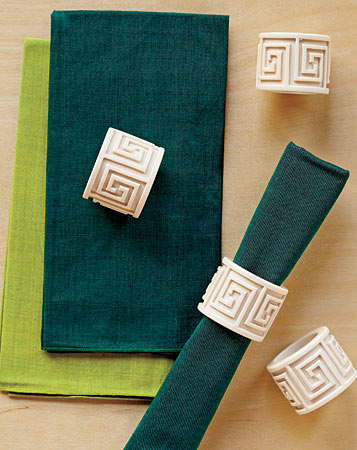 Greek-key resin napkin rings by Julian Mejia, and Zen Table cotton napkins