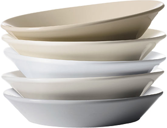 Conical Bell vessel sinks, shown in white and almond, biscuit, dune, and ice grey