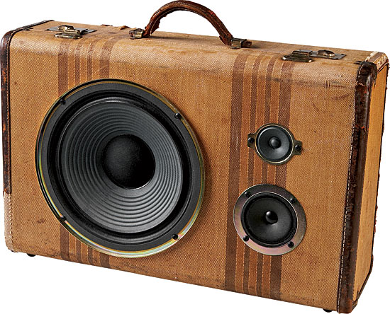A mash-up of vintage luggage and modern stereo speakers