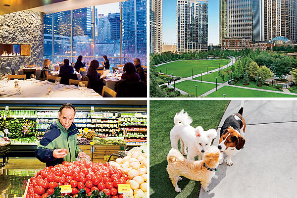 III Forks; an aerial shot of Lakeshore East Park; dogs greeting each other at Lakeshore East Park; a customer at Mariano’s Fresh Market