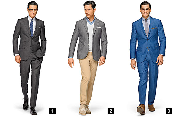 Three suit options: 'The Business Meeting,' 'The Night Out,' and 'The Summer Weekend'