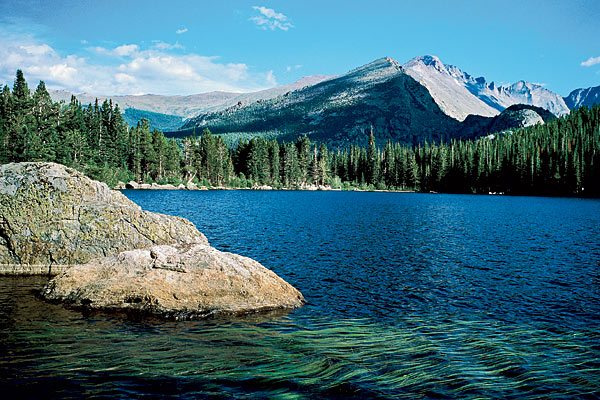 A waterside view of Rocky Mountain National Park