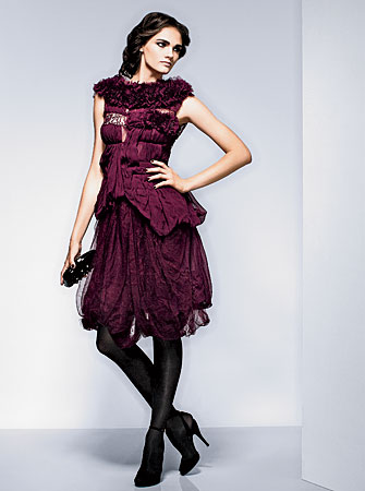 Nina Ricci embroidered mousseline dress, velvet sandals, Valentino lacquered clutch, and nylon tights