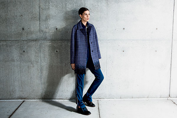 Sequined wool overcoat, Reed Krakoff gabardine top and pants, and calfskin brogues