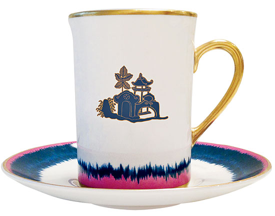 Fiamma Pagoda porcelain coffee mug and saucer by Alessandra Branca