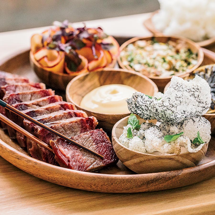Grilled short ribs come with an assortment of Japanese accoutrements
