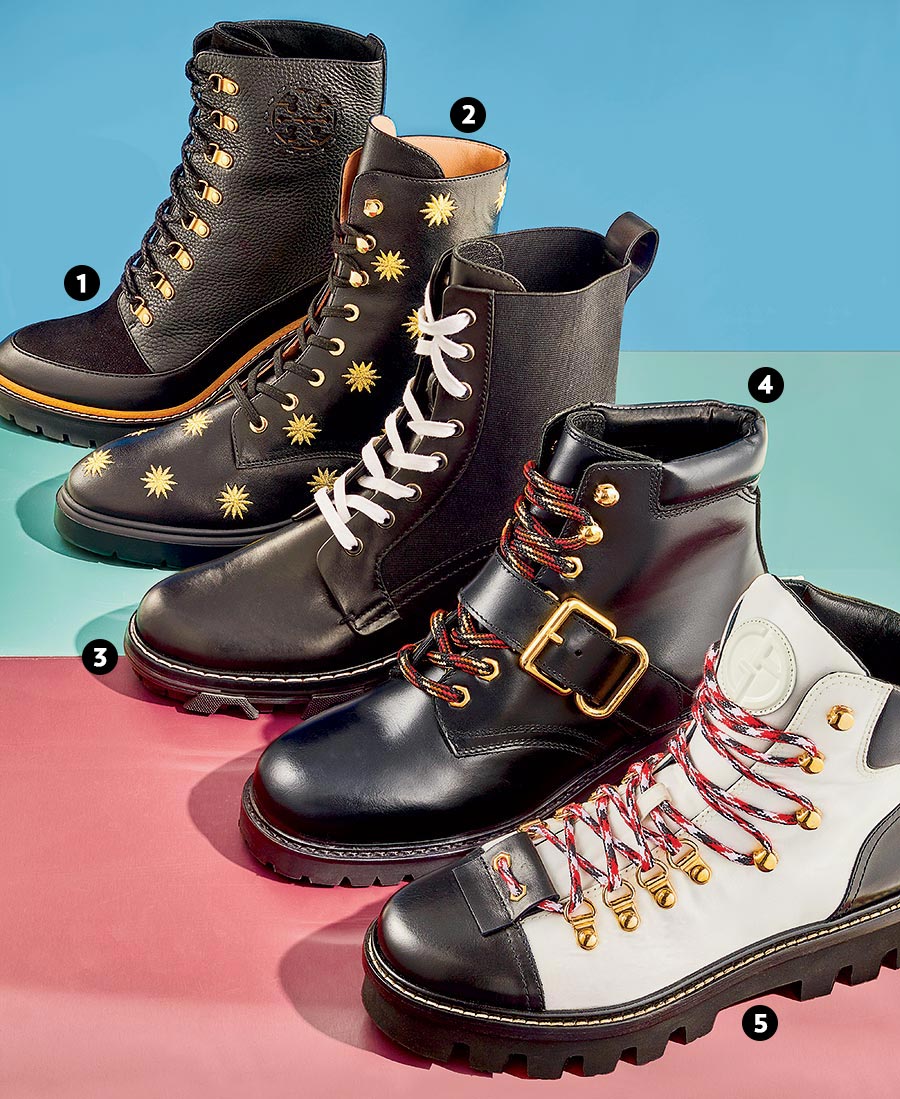 Nubuck and calf leather stacked-heeled booties, Nappa leather combat boots, cow and sheep leather combat boots, and leather hiking boots