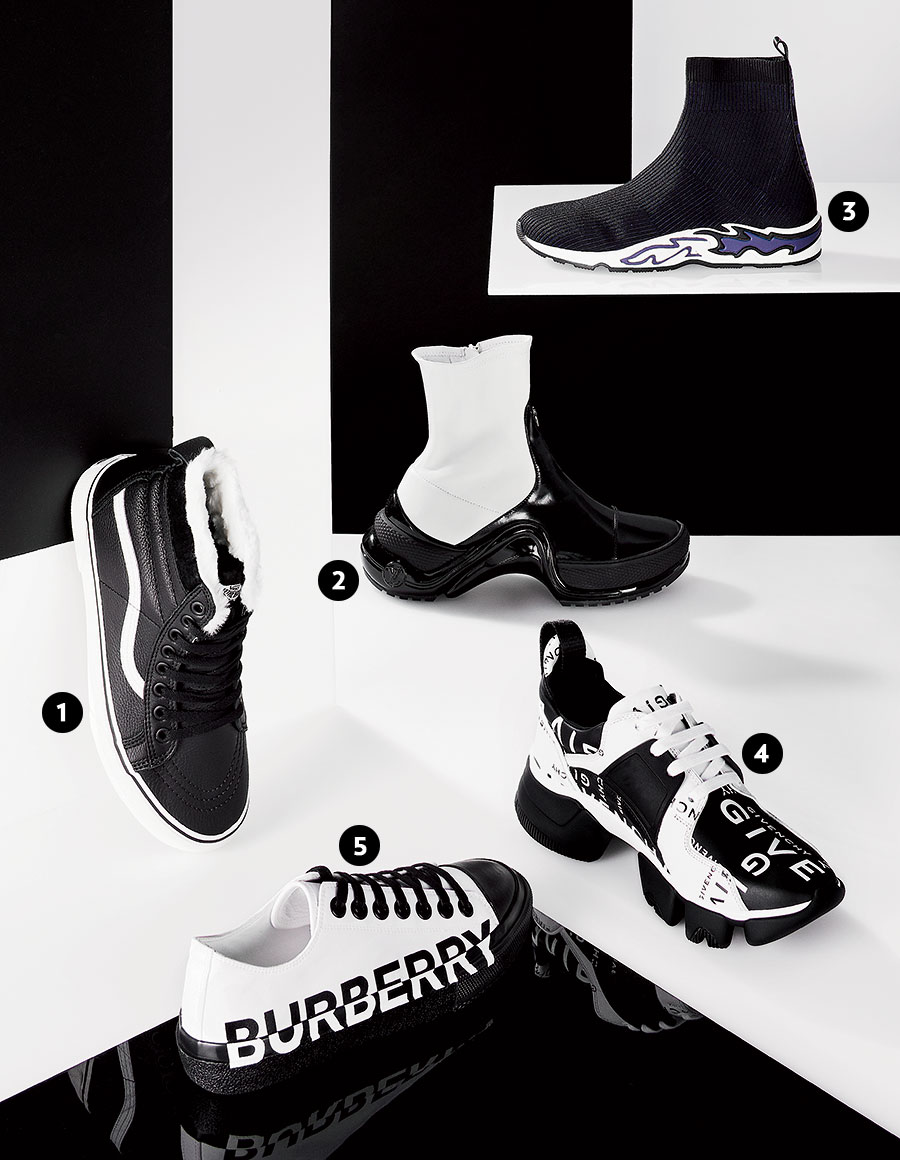 Leather and fleece-lined sneakers, leather and cotton sneaker boots, elastane and polyester technical knit sock sneakers, Givenchy leather, mesh, and thermoplastic polyurethane low-top sneakers, and Burberry cotton, leather, and rubber low-top sneakers