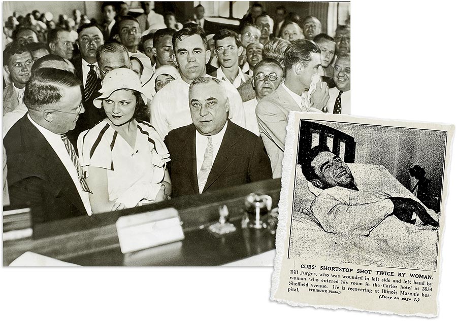 Popovich, her left hand still bandaged, appears before the bench with her lawyers in July 1932. Inset: Jurges was in high spirits when reporters and news photographers were allowed into his hospital room just hours after the shooting.
