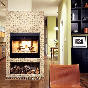 fireplace tiled with 'poor man's Bisazza' from the Tile Gallery in Chicago