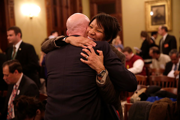 Rep. Greg Harris hugging Daphne Scott-Henderson