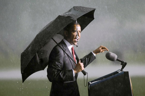 President Obama begins his address at the Abraham Lincoln National Cemetery in Elwood before a rainstorm canceled the event.