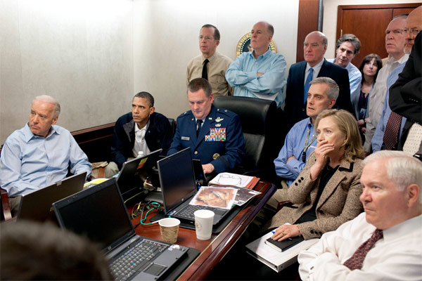 President Obama and members of his national security team watch video feed of the raid that killed Osama bin Laden on Sunday, May 1, 2011 In the Situation Room of the White House