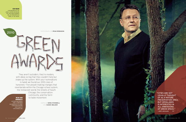 Opening spread of Chicago magazine's 2010 Green Awards article in the April 2010 issue