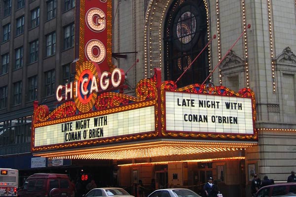 The marquee of the Chicago Theatre the last time, in 2006, Conan O'Brien played a show there.