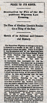 Clipping from the Chicago Tribune on Sunday, November, 14, 1986, about the burning down of Chicago's Republican Wigwam