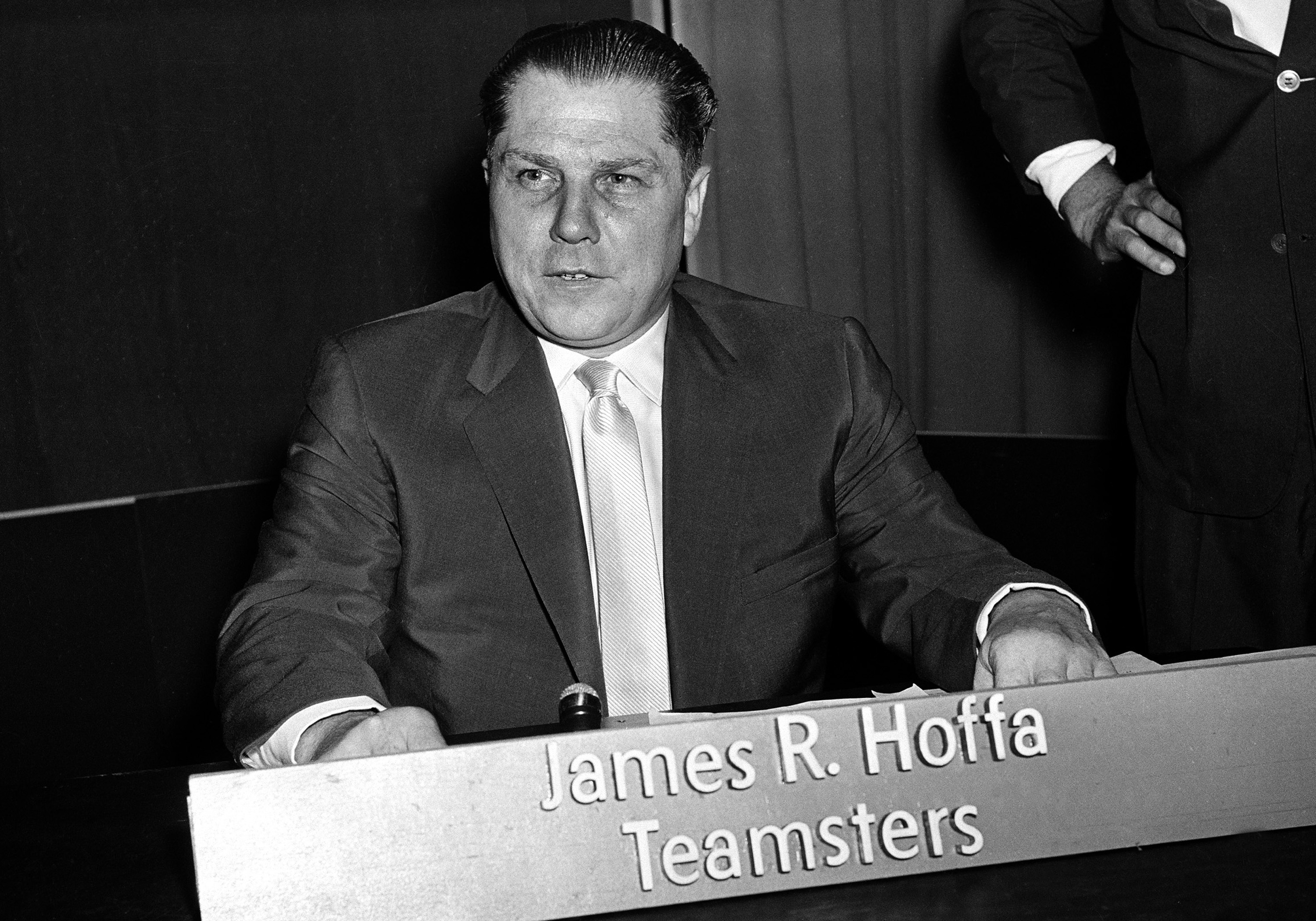 Teamsters Union Jimmy Hoffa using telephone in his chauffeured car 1959 Photo Pres