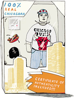 The "real" Chicagoan action-figure, complete with Chicago Bulls shirt, White Sox hat, and a Chicago-style hot dog. Illustration by Hanna Melin/agoodson.com