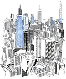 The view northeast from the Willis Tower (née Sears) will change if the projects in the works (in blue) reach completion. In the current economy, that’s no guarantee.