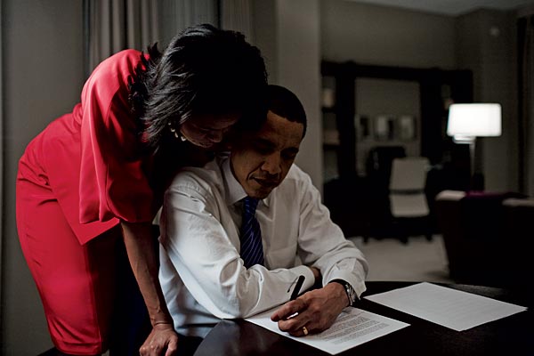Michelle with Barack near the close of the primaries last February