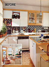 In the old kitchen, photographed for Decorating Remodeling magazine, small windows were all but invisible among the patchwork of cabinets, plants, and shelves. A sleek hood and a single line of shelving opened up the space.
