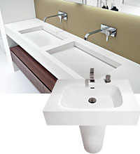 Lupi’s Slot, shown in a nine-foot double-sink style (also sold in a single-sink version) and Body1 pedestal are shown with Block Light faucets.