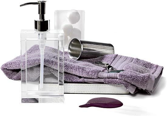 Hand towel, lotion dispenser, tumbler, toothbrush cup, razor, tray, and paint